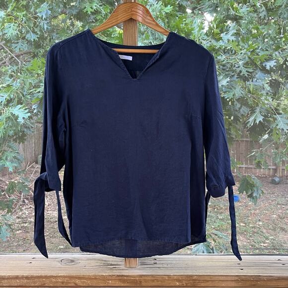Claire Woman 100% Linen Dark Navy V-Neck Tie Sleeve Top Size M - Picture 1 of 7